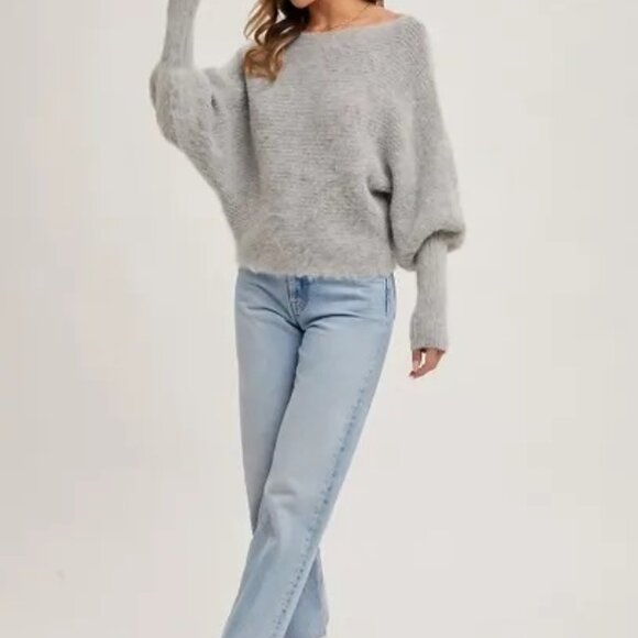 CLEAR OUT!!! Boat Neck Dolman Sleeve Ribbed Fuzzy Knit Sweater - Picture 7 of 10